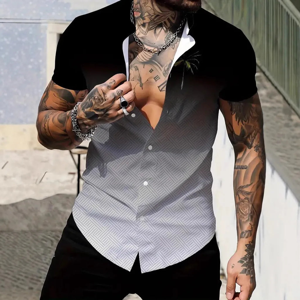 Men's slim fit short sleeve shirt with geometric line printing on the lapel, shown in a casual summer style.