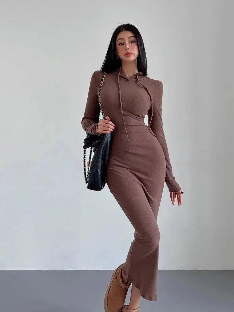 Women's grey hooded sheath dress with long sleeves and high waist, knee-length polyester fabric