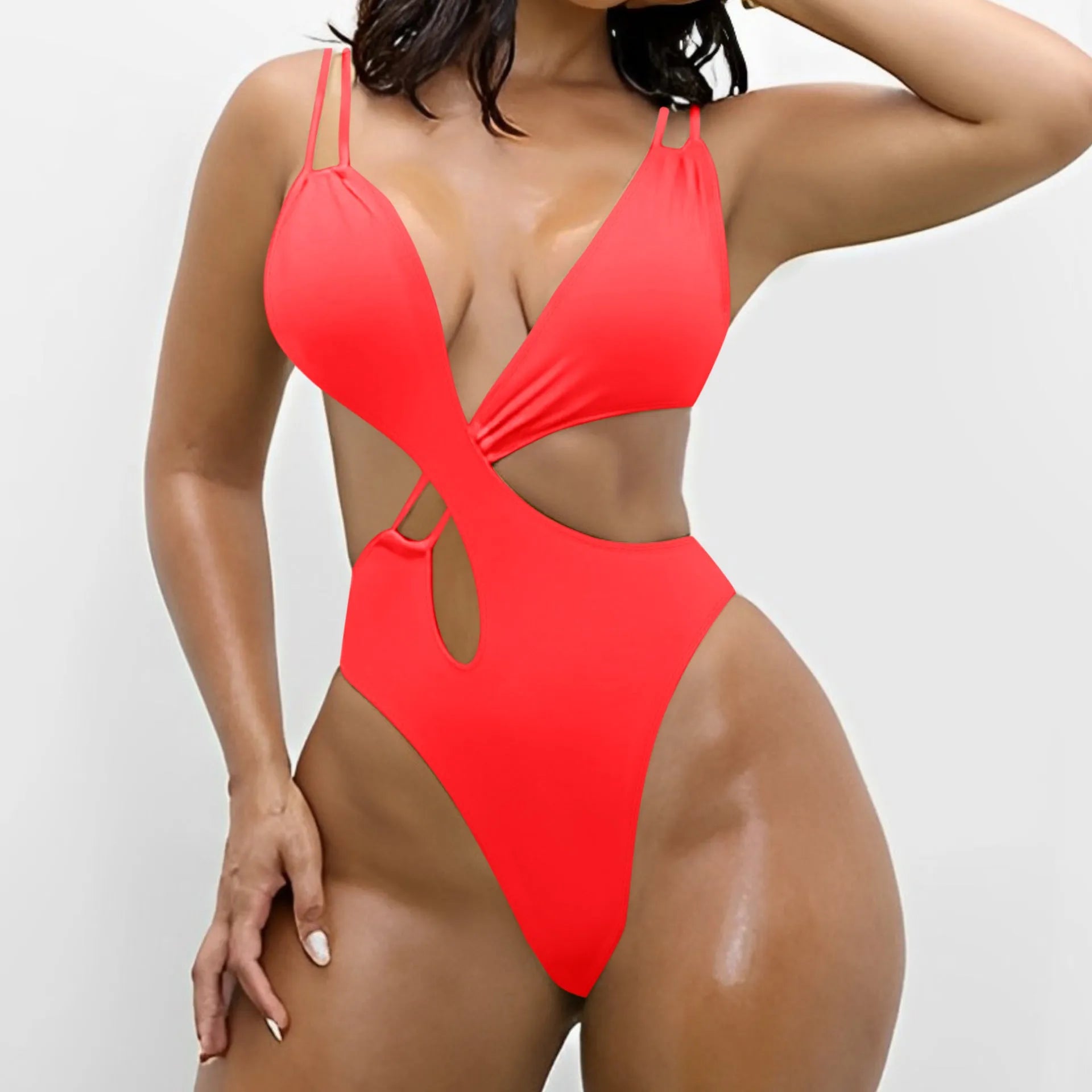 Women's solid color backless one-piece triangle swimsuit in nylon available in multiple colors