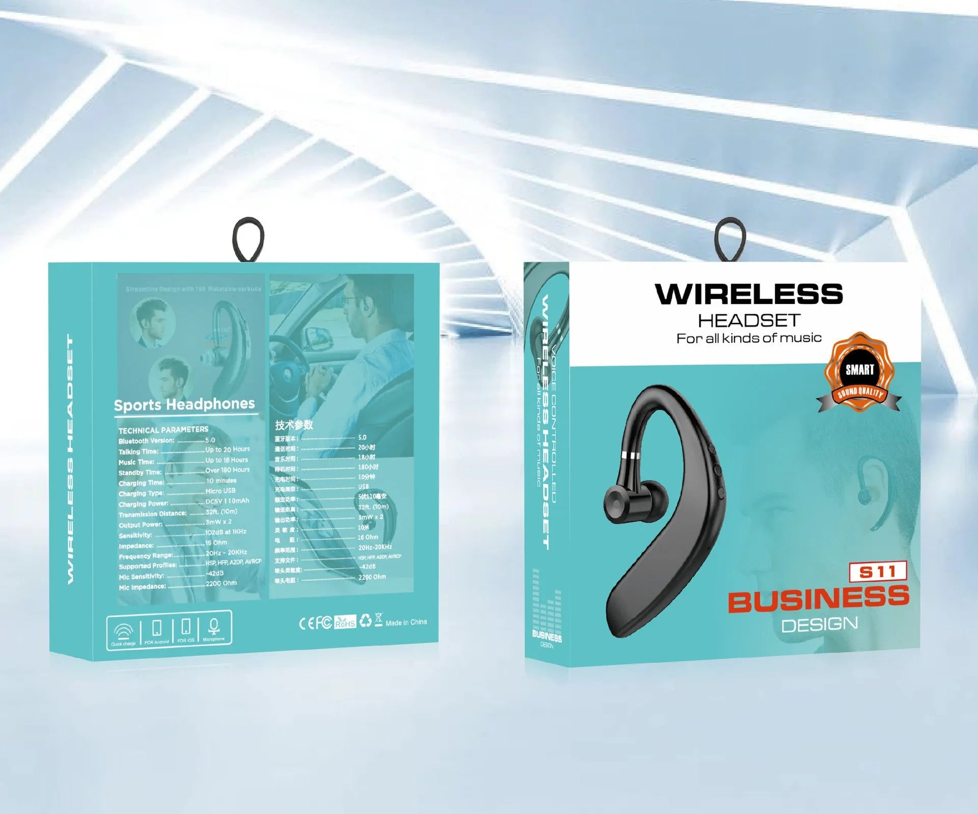 A single black or blue wireless in-ear Bluetooth headset with a microphone, shown on its own.