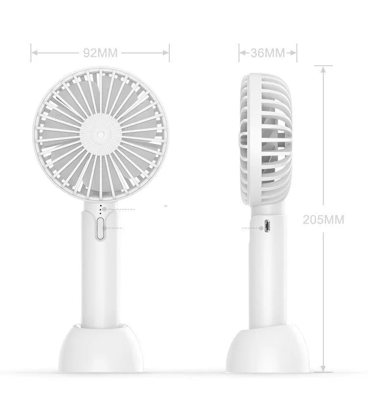 Blue handheld mini silent desktop electric fan with USB cable, three-speed control, and shaking head function.