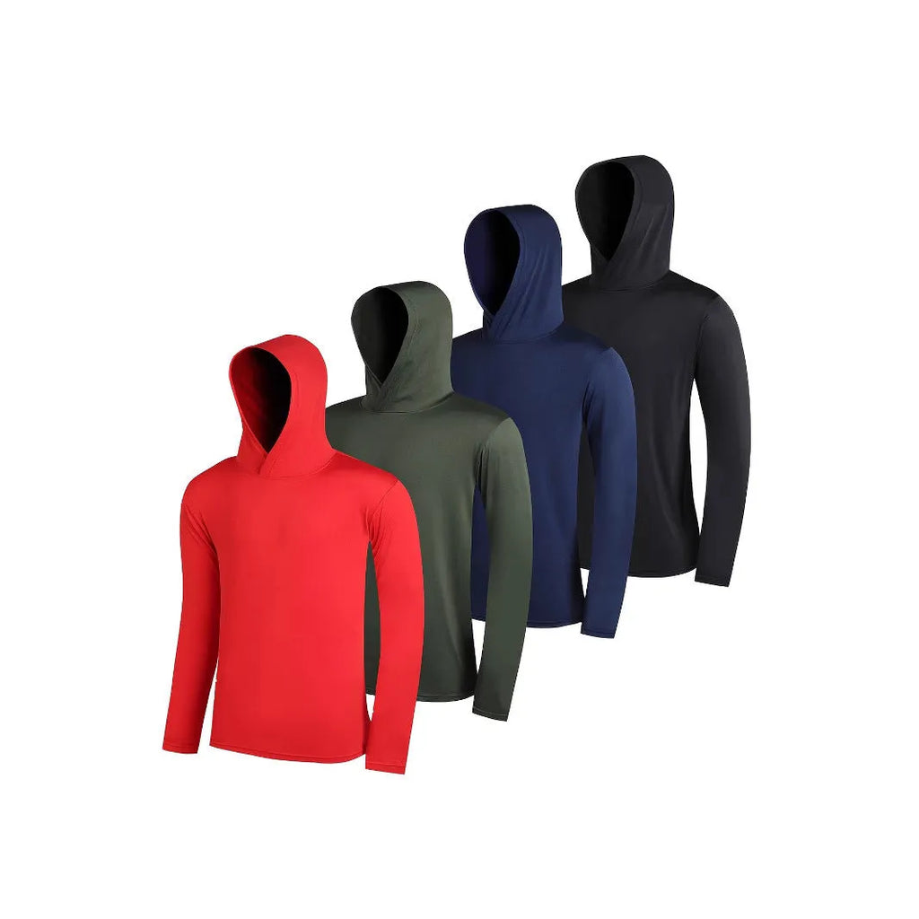 4-piece men's lightweight polyester hoodie set displayed in multiple colour options with size range S to XXXL