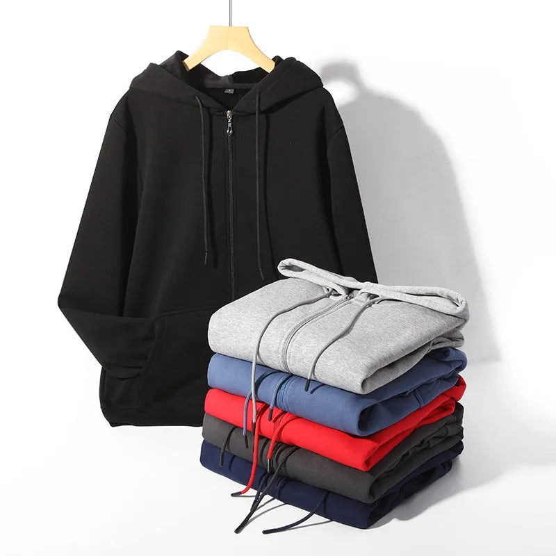 Men's plus size 420g hooded zip-up sweater in loose cardigan style with top-stitched pockets