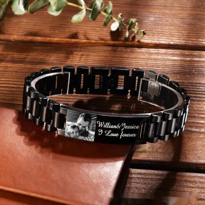 Titanium steel bracelet with lettering on curved piece, heart shape design in black or grey finish