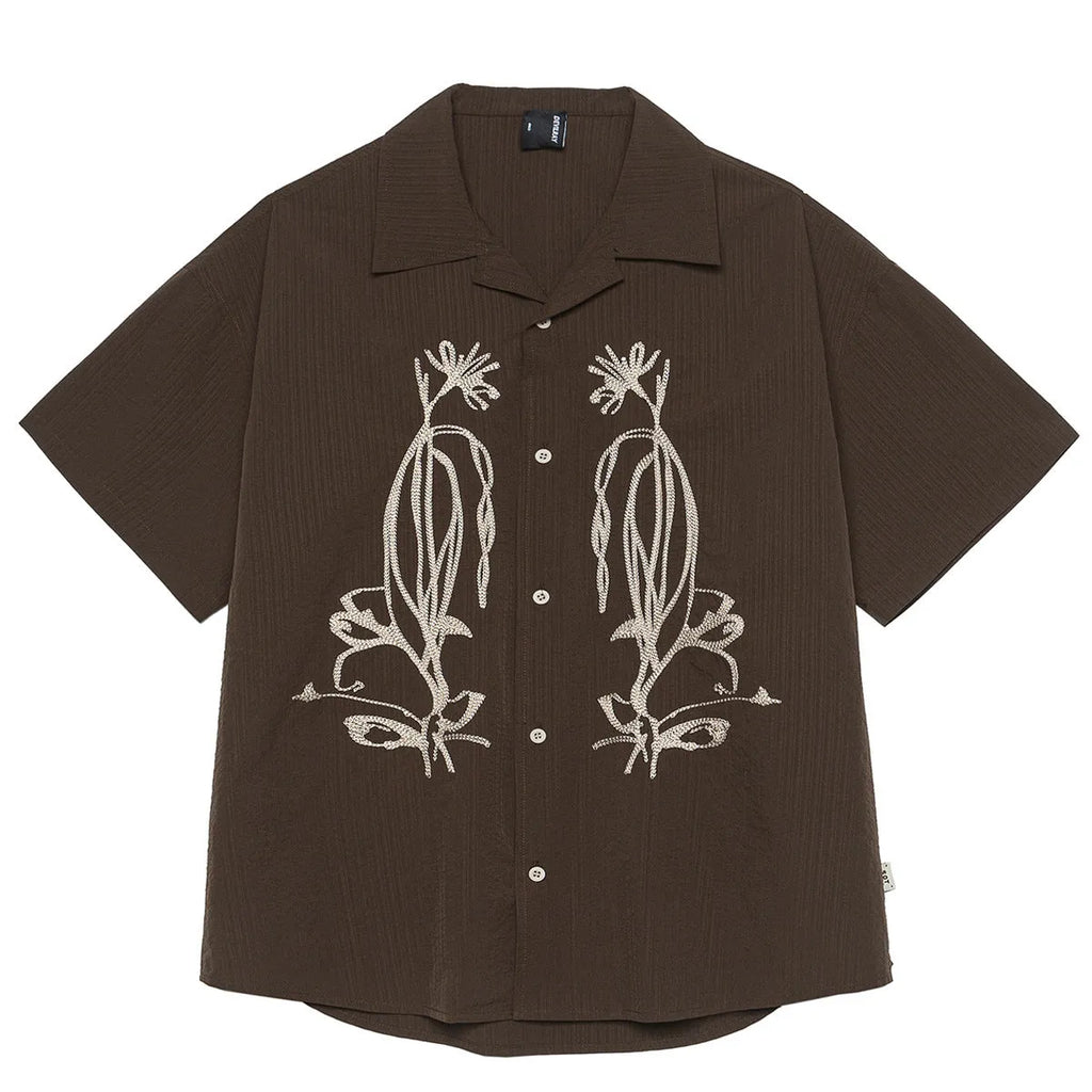 Brown striped Cuban collar short sleeve shirt for outdoor camping