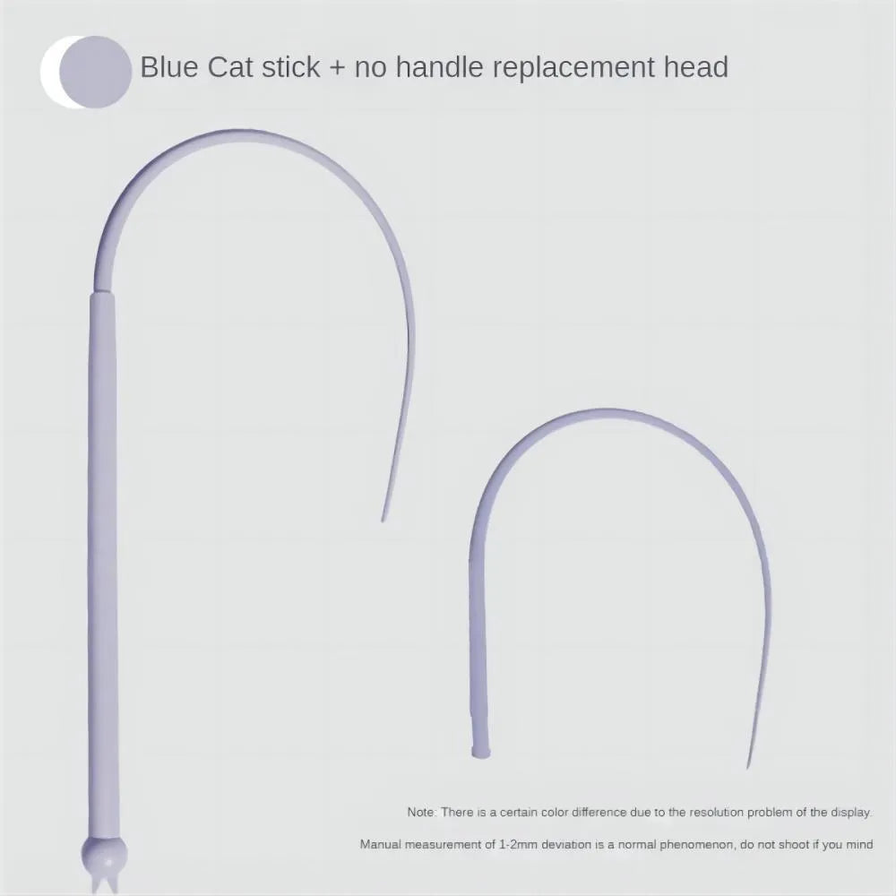 Blue silicone mouse tail cat toy with cat head handle showing 80cm length