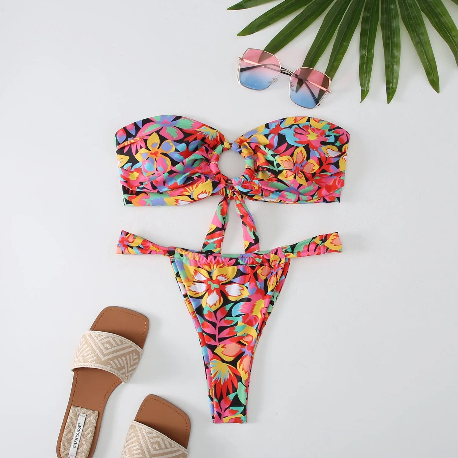Women's floral print tube top bikini with ring detail and backless briefs
