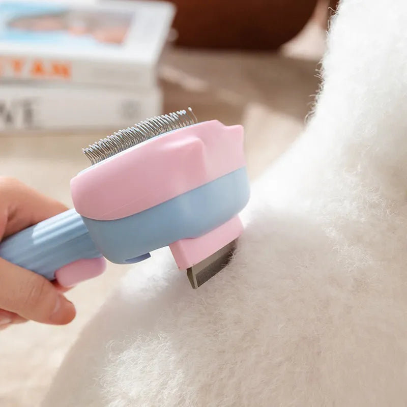 Blue and green double-sided pet grooming brush with deshedding rake and dematting comb on a white background