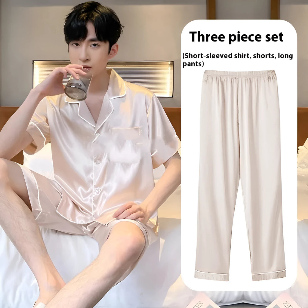 Men's ice silk three-piece homewear set showing long trousers, shorts, and top in thin lightweight fabric