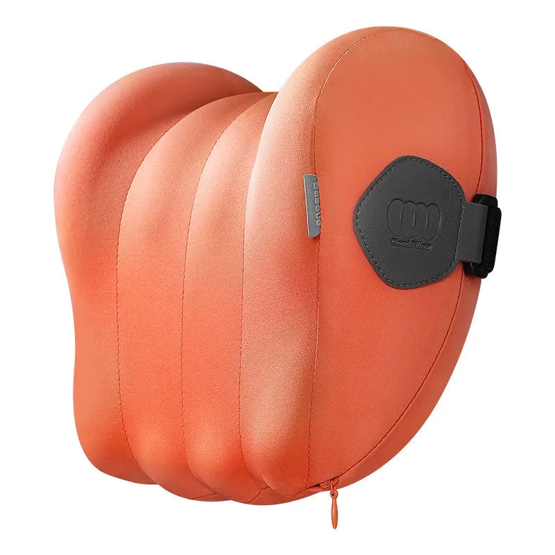 Grey and orange head restraint and lumbar pillow set for suspension bin truck cab.