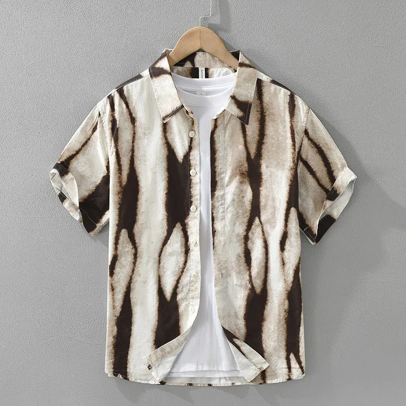A black and brown striped short sleeve casual shirt made from pure cotton on a hanger.