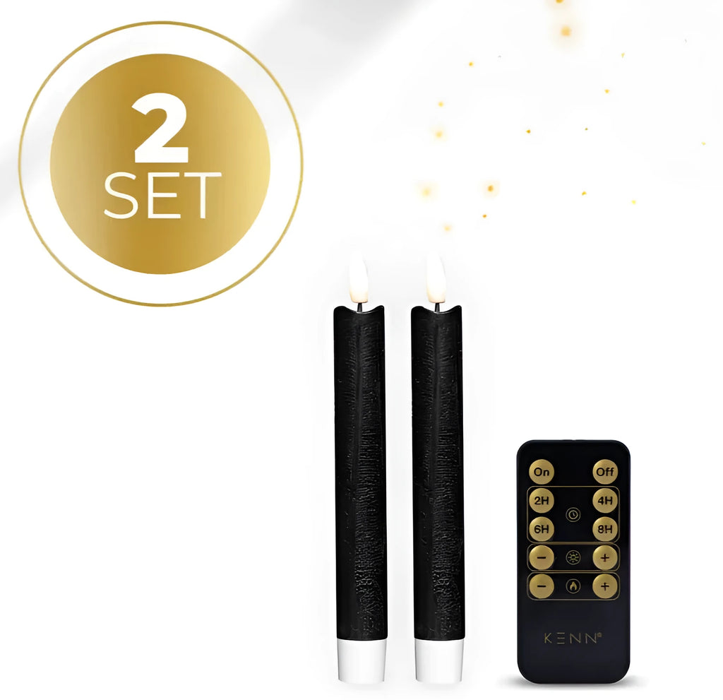 Set of four black LED taper candles with realistic 3D flame effect, measuring 18cm tall