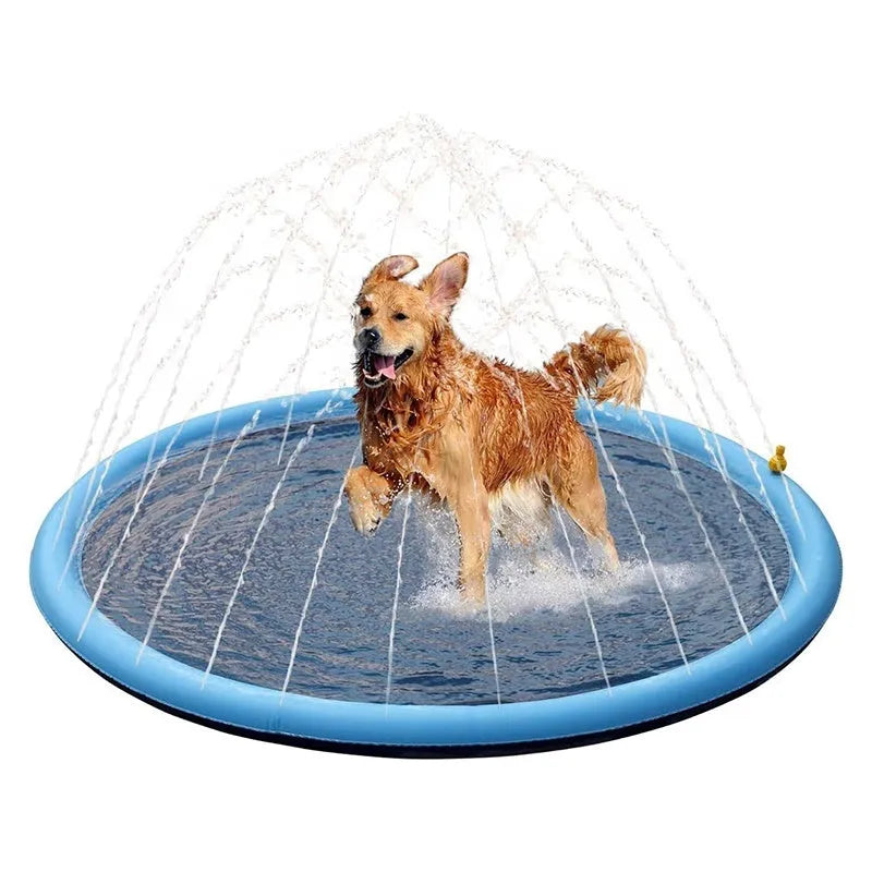 Blue circular dog splash pad on grass, 150 cm diameter, with water sprinkling from its surface.