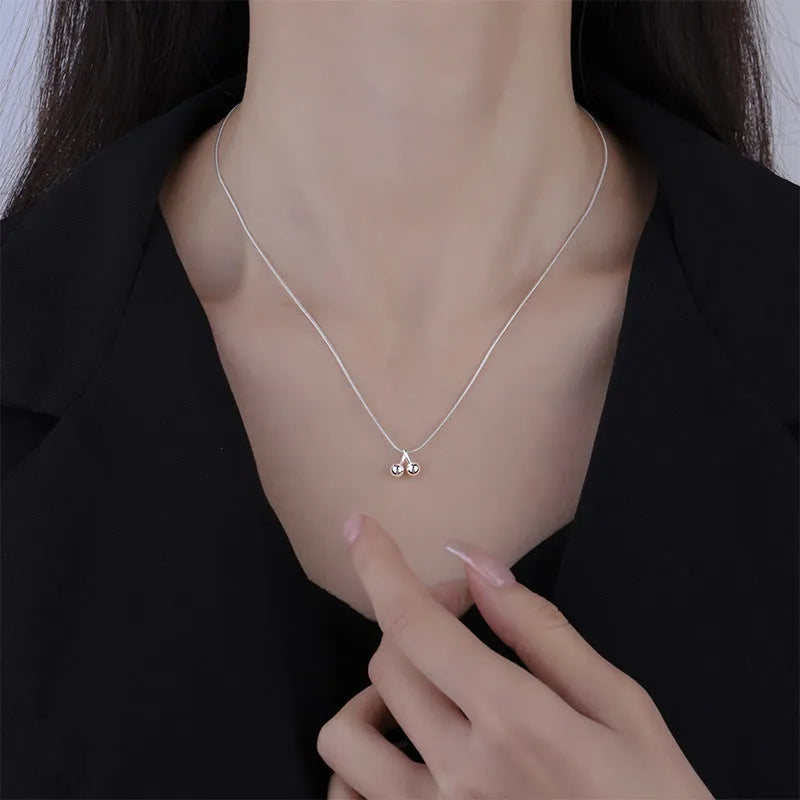 S925 silver cherry necklace with adjustable snake bone chain, Korean style pendant.