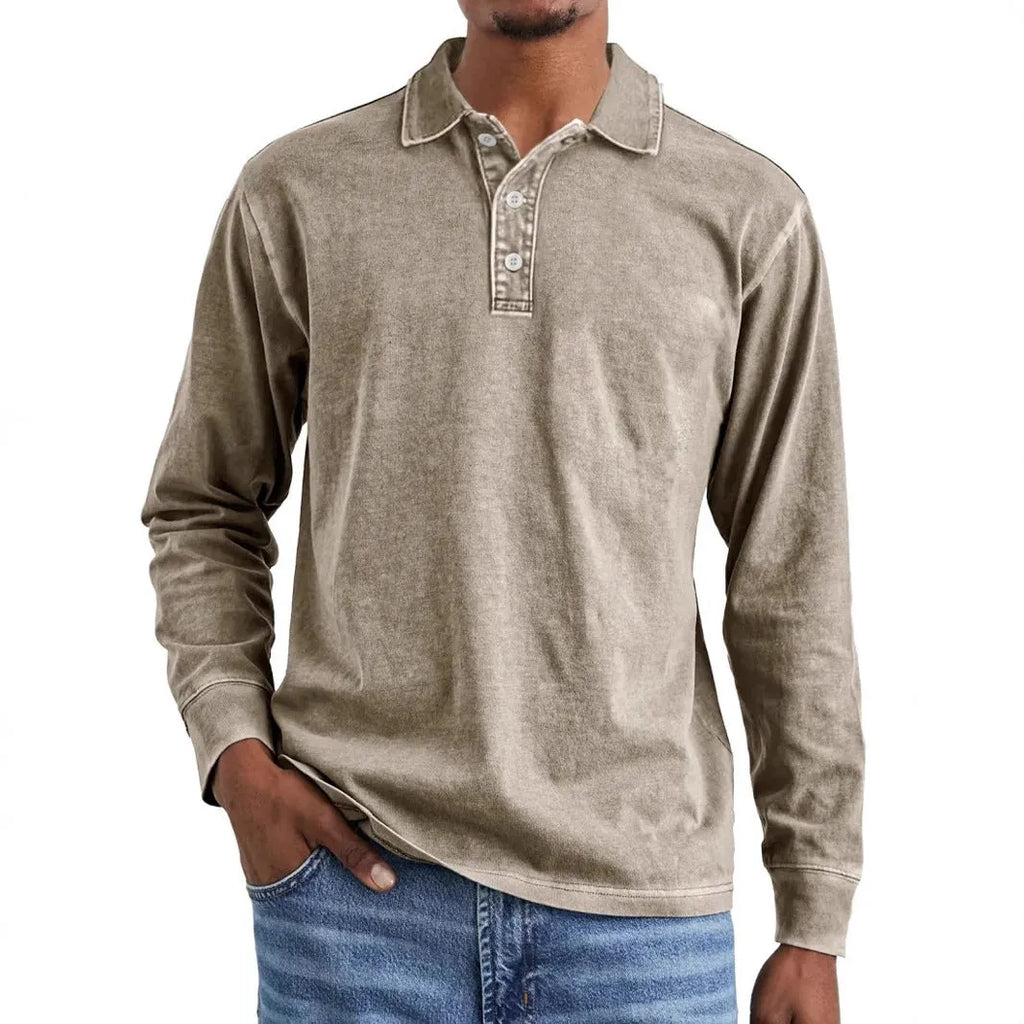 Retro washed distressed pure cotton lapel long sleeve polo shirt shown in Army Green.