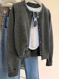 Dark grey women's polyester cardigan with button front and long sleeves