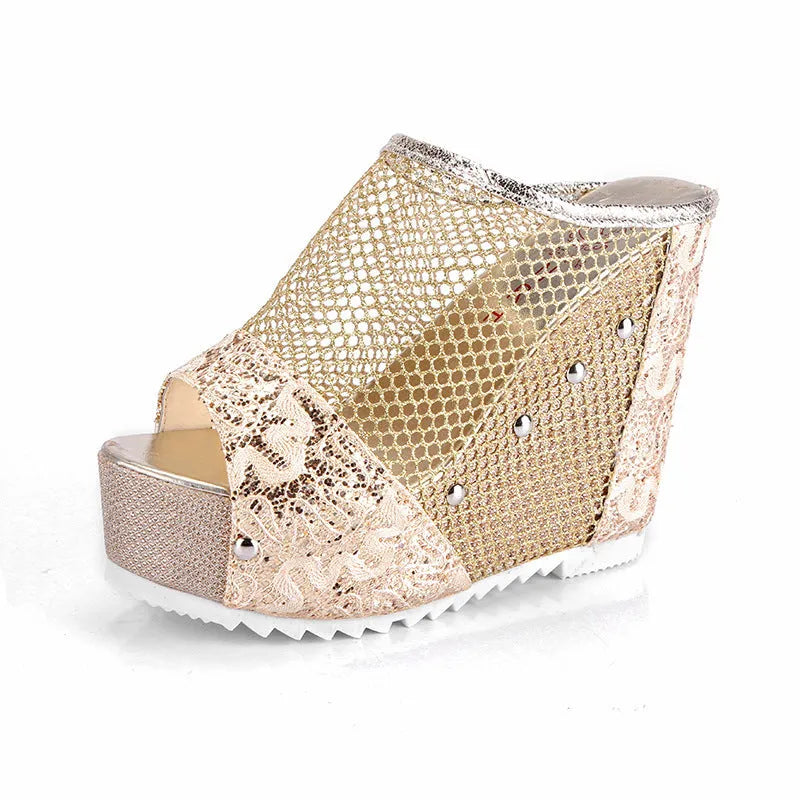 Women's black chunky heel platform sandals with hollowed-out heel design and lace-up mesh upper.