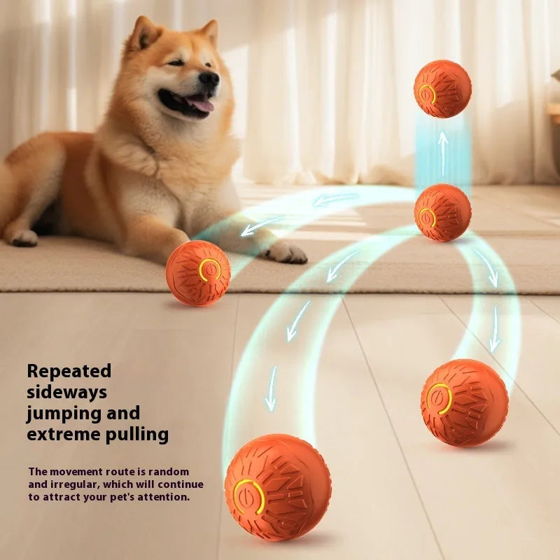 Blue electric jumping ball for dogs with silicone shell on a wooden floor
