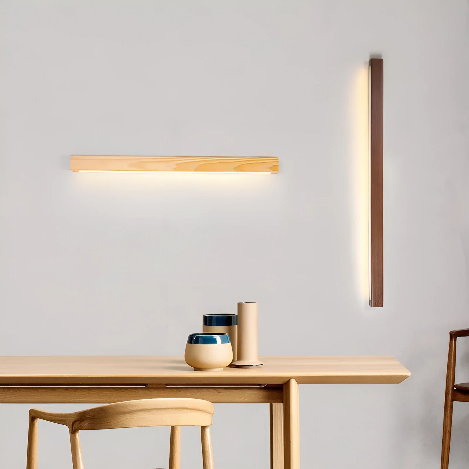 Modern walnut colour wood and acrylic strip wall lamp available in 60cm, 80cm, and 120cm lengths with LED lighting.
