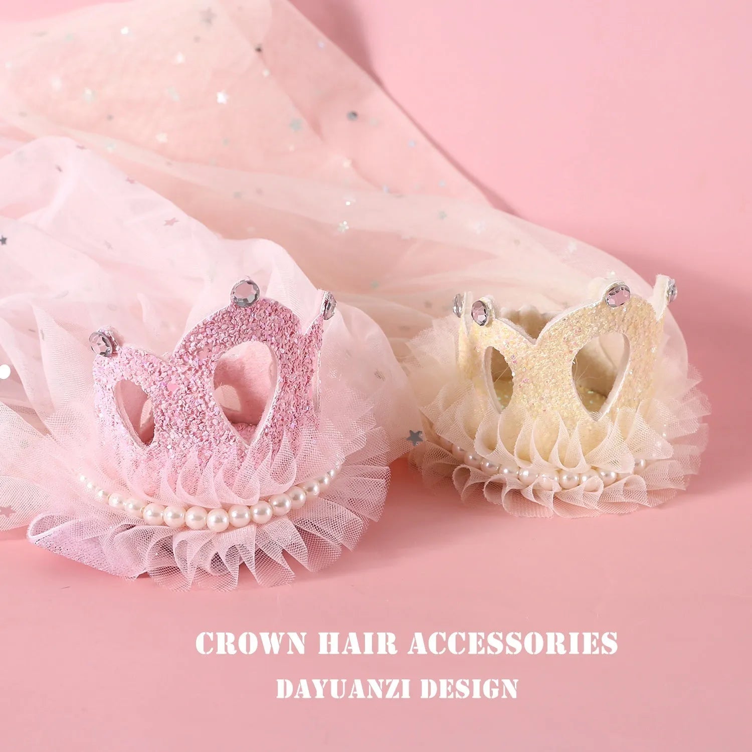 Pet cat wearing a princess crown headdress with a long veil, available in beige or pink.