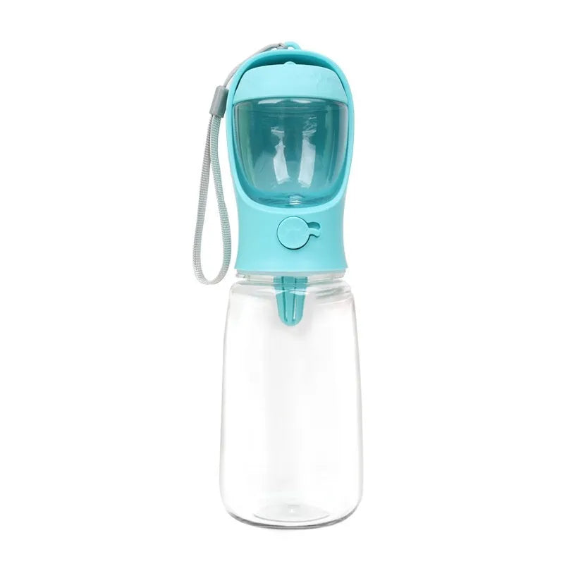 Blue portable plastic dog water cup with attached drinking bowl for outdoor use