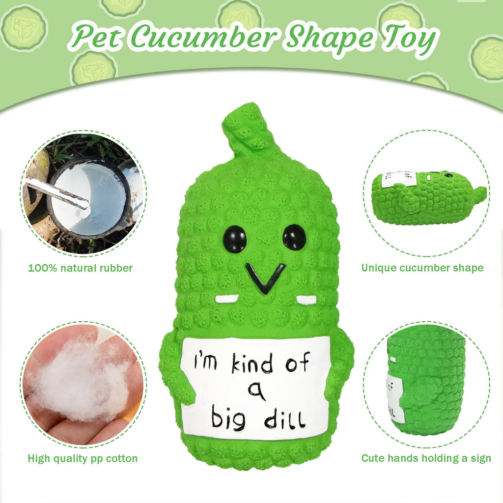 Green pickle-shaped squeaky dog chew toy with a textured surface for teeth cleaning.
