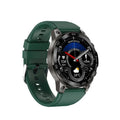 Round AMOLED sports watch with silicone strap showing Bluetooth call interface and fitness metrics on screen.