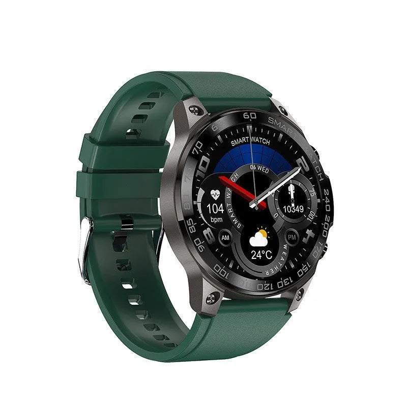 Round AMOLED sports watch with silicone strap showing Bluetooth call interface and fitness metrics on screen.