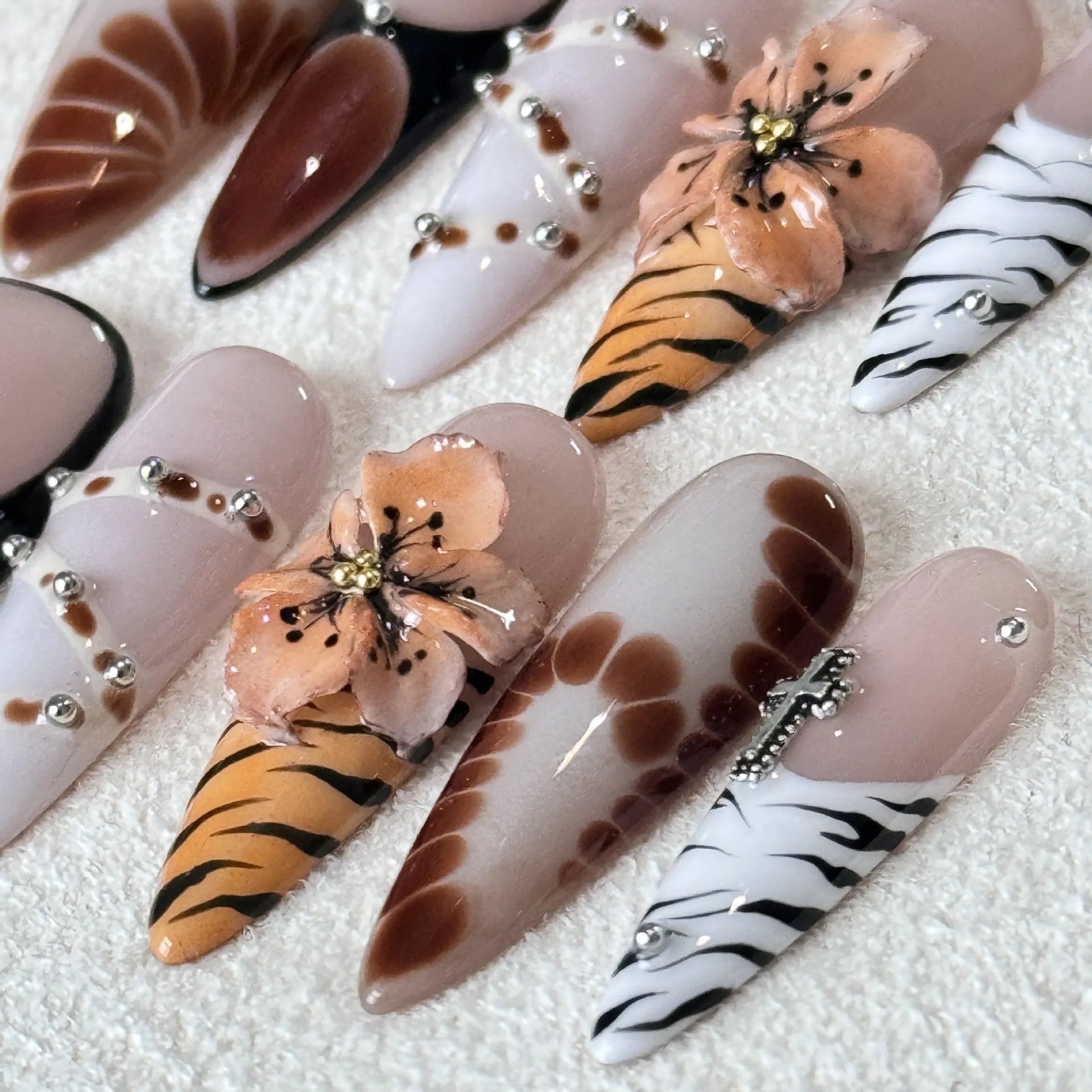 French style leopard print nail stickers with cross and flower designs in four sizes