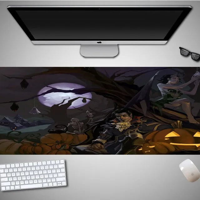 Oversized Halloween-themed mouse pad with graphic design on non-slip rubber cloth surface