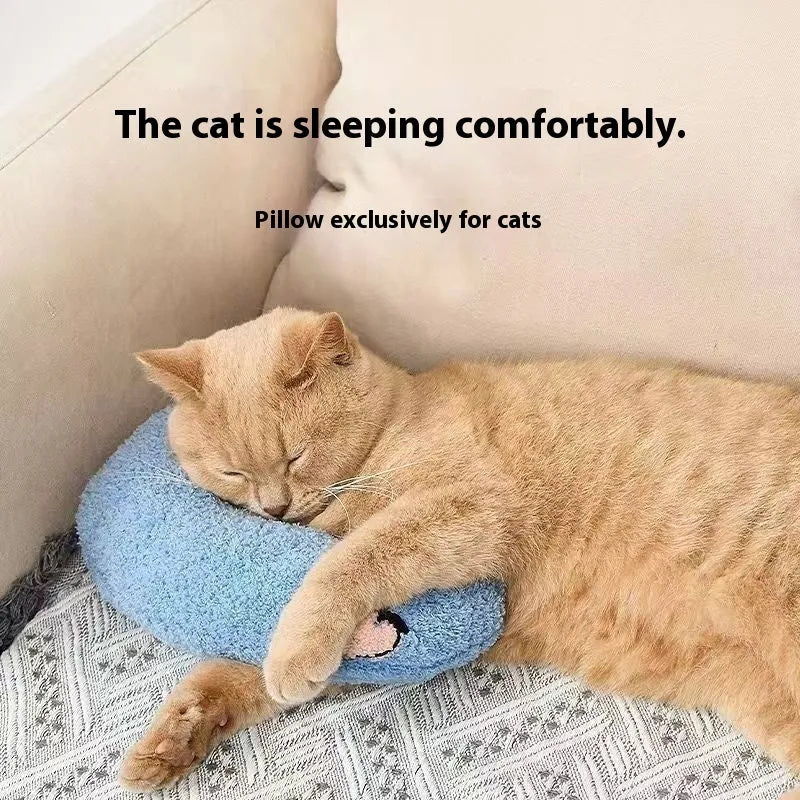 Blue U-shaped cloth pet sleeping mat for cats with neck support pillow in a question mark design.