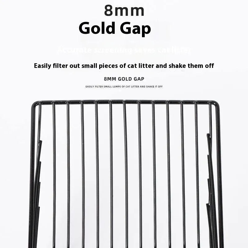 Black metal cat litter scoop with narrow sifting tines