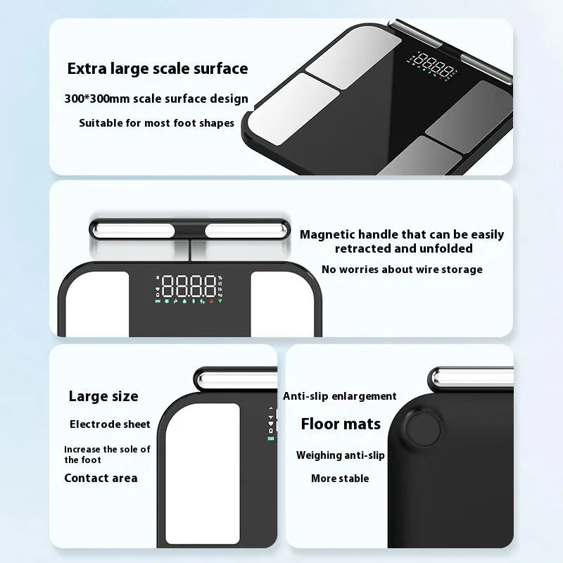 Black electronic body fat weighing scale with colour screen on tempered glass platform