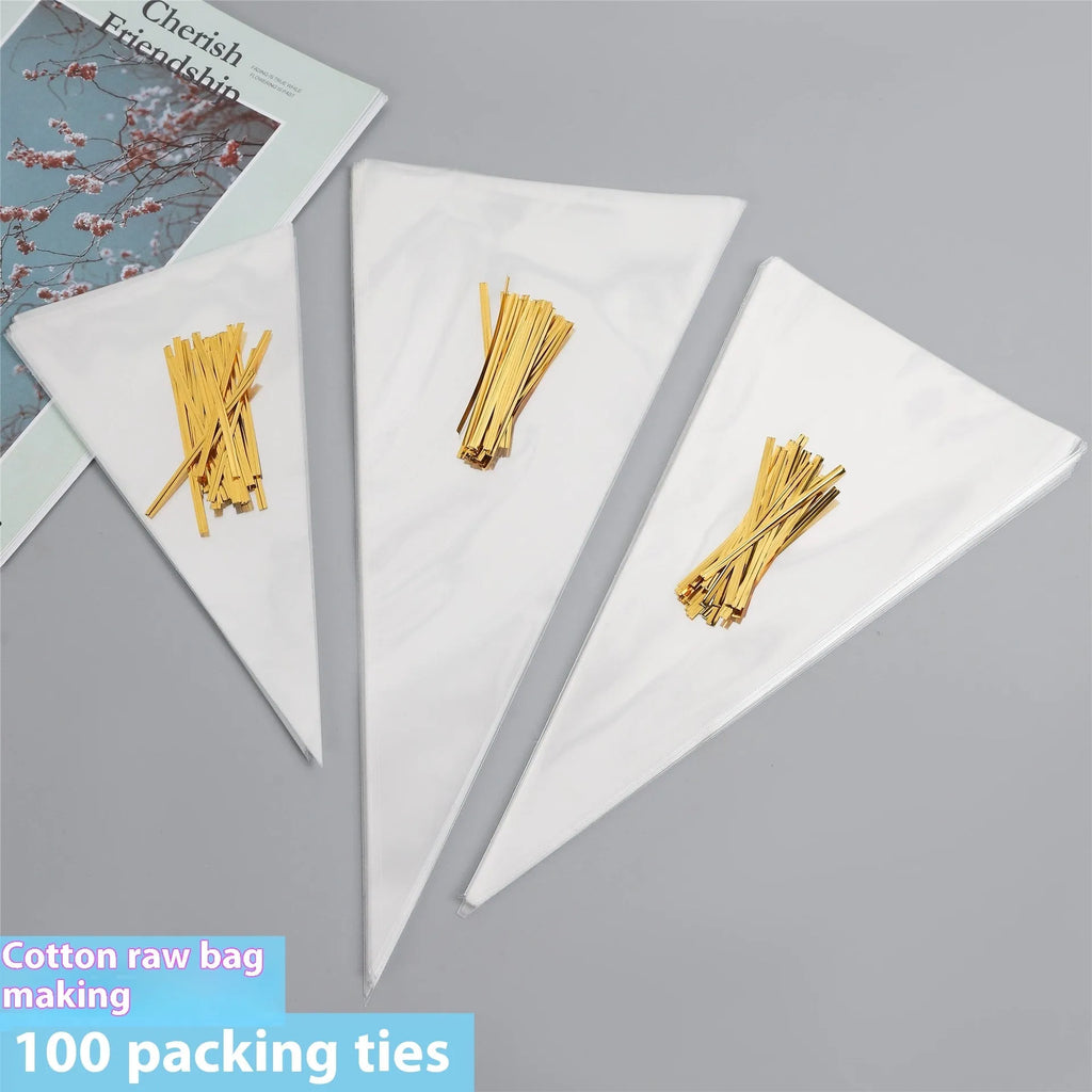 Clear triangle-shaped plastic packaging bag with a silver tie wire closure, shown in three different sizes.