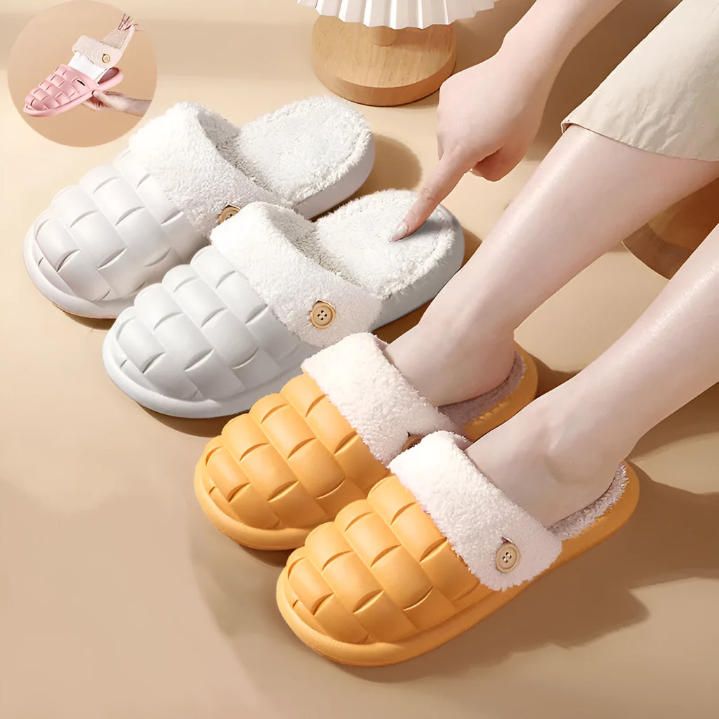 Women's plaid detachable slippers with plush lining and anti-slip sole in multiple colours.
