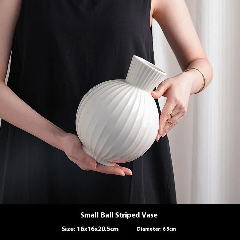 White American striped ceramic ball vase for living room decoration with orchid stem options