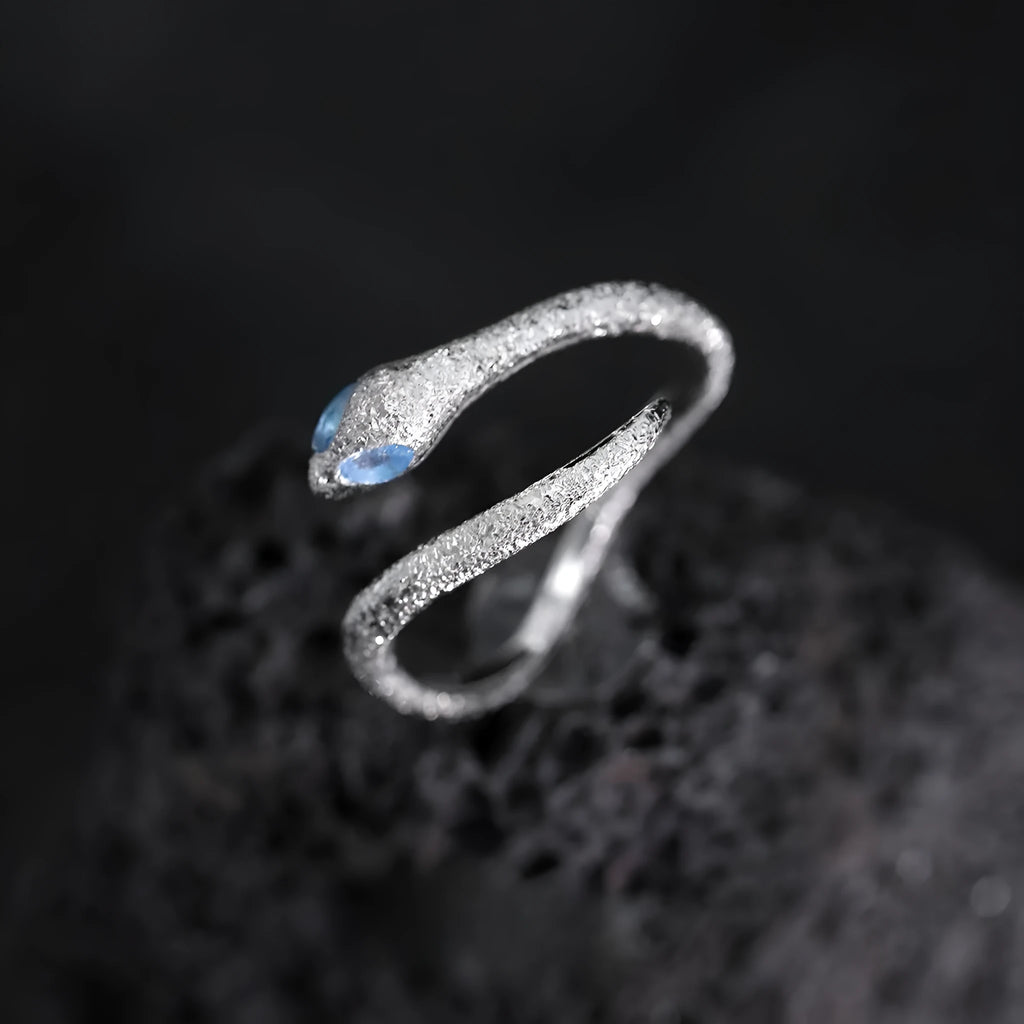 Adjustable opening silver snake zodiac ring with platinum electroplated finish