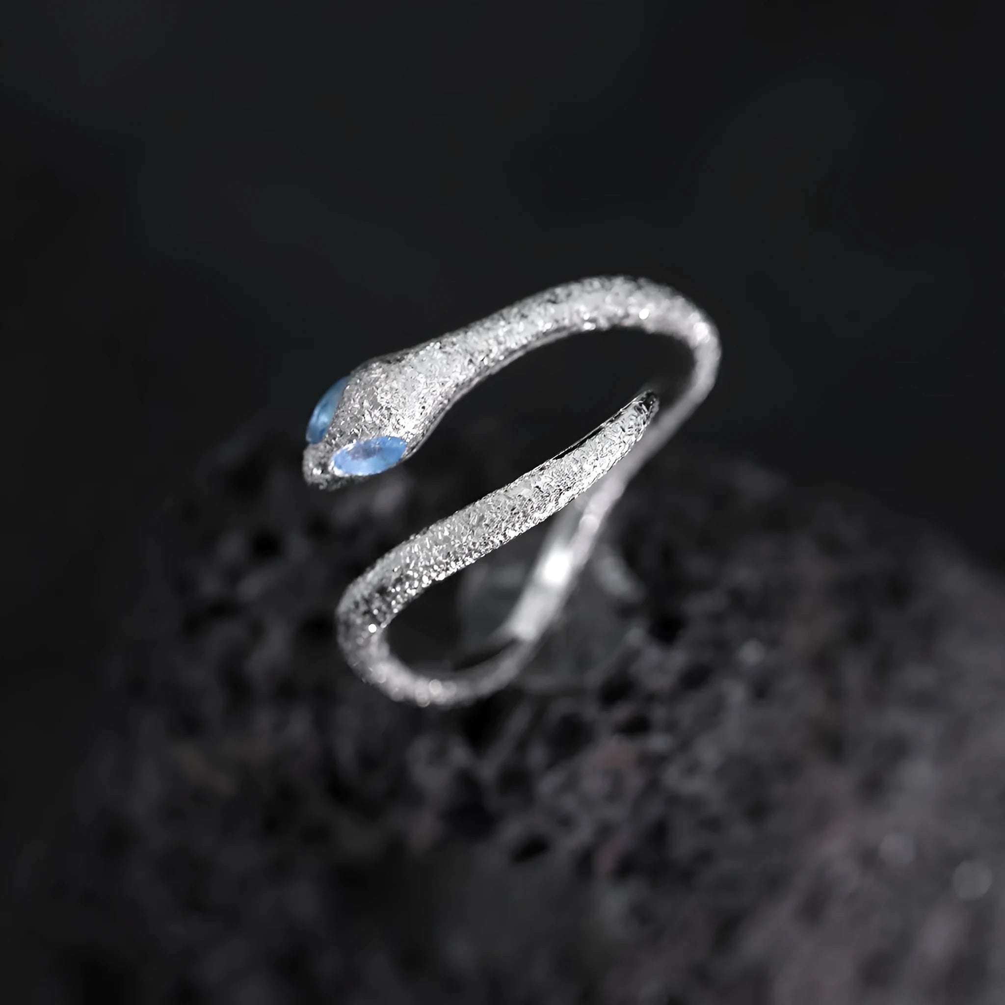 Adjustable opening silver snake zodiac ring with platinum electroplated finish