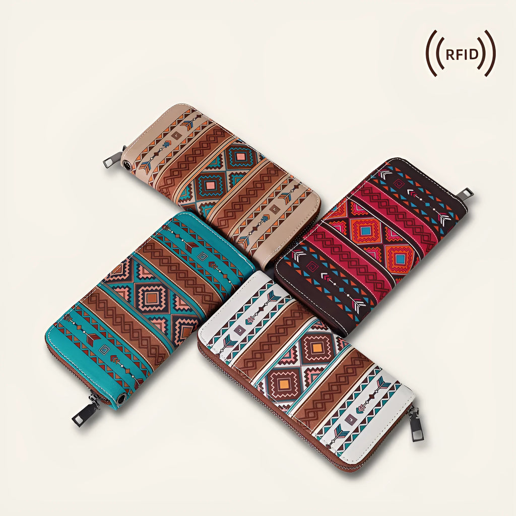 Bohemian wind belt patterned RFID wallet in canvas with dimensions 20x10x2cm