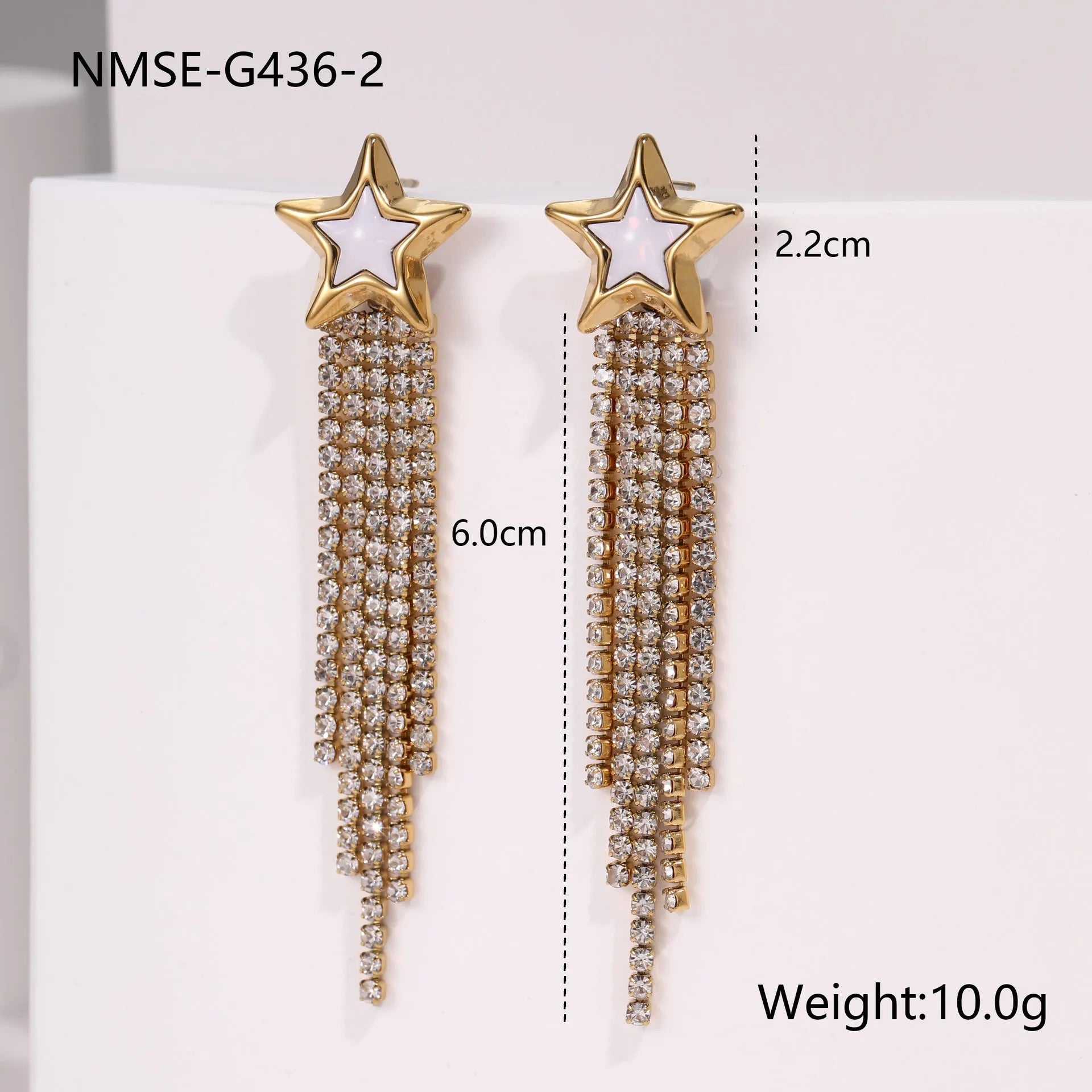 Gold plated geometric earrings for women featuring heart and star shapes with a diamond tassel.