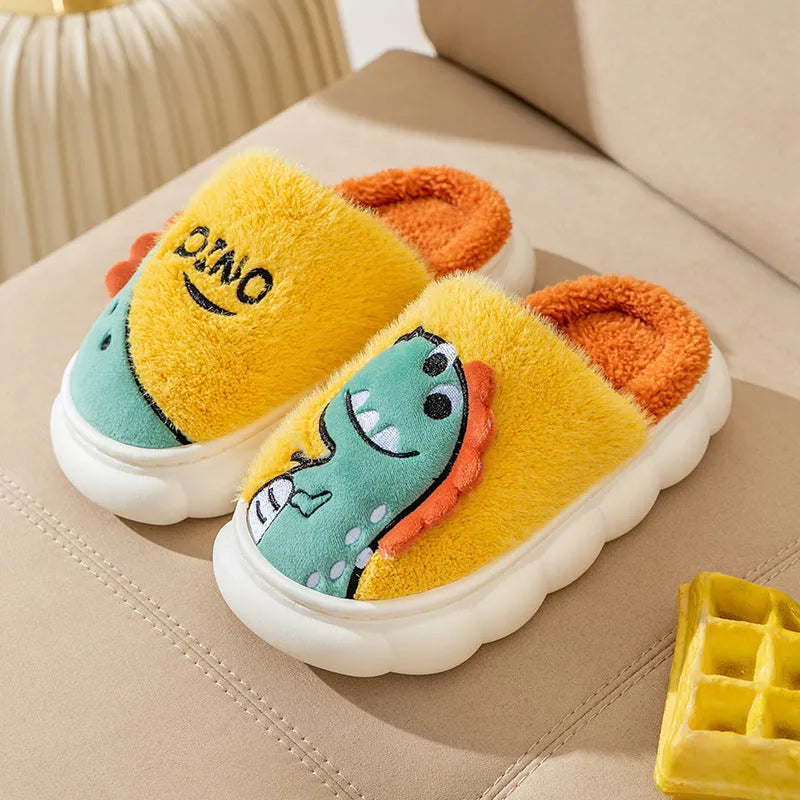 Cotton plush couple slippers with dinosaur designs in gray, coffee and orange colours
