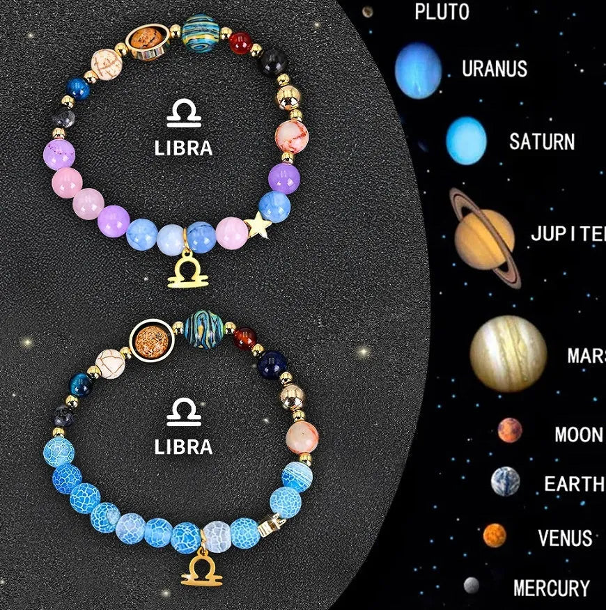 Natural stone beaded bracelets for the twelve zodiac signs laid out in a set.