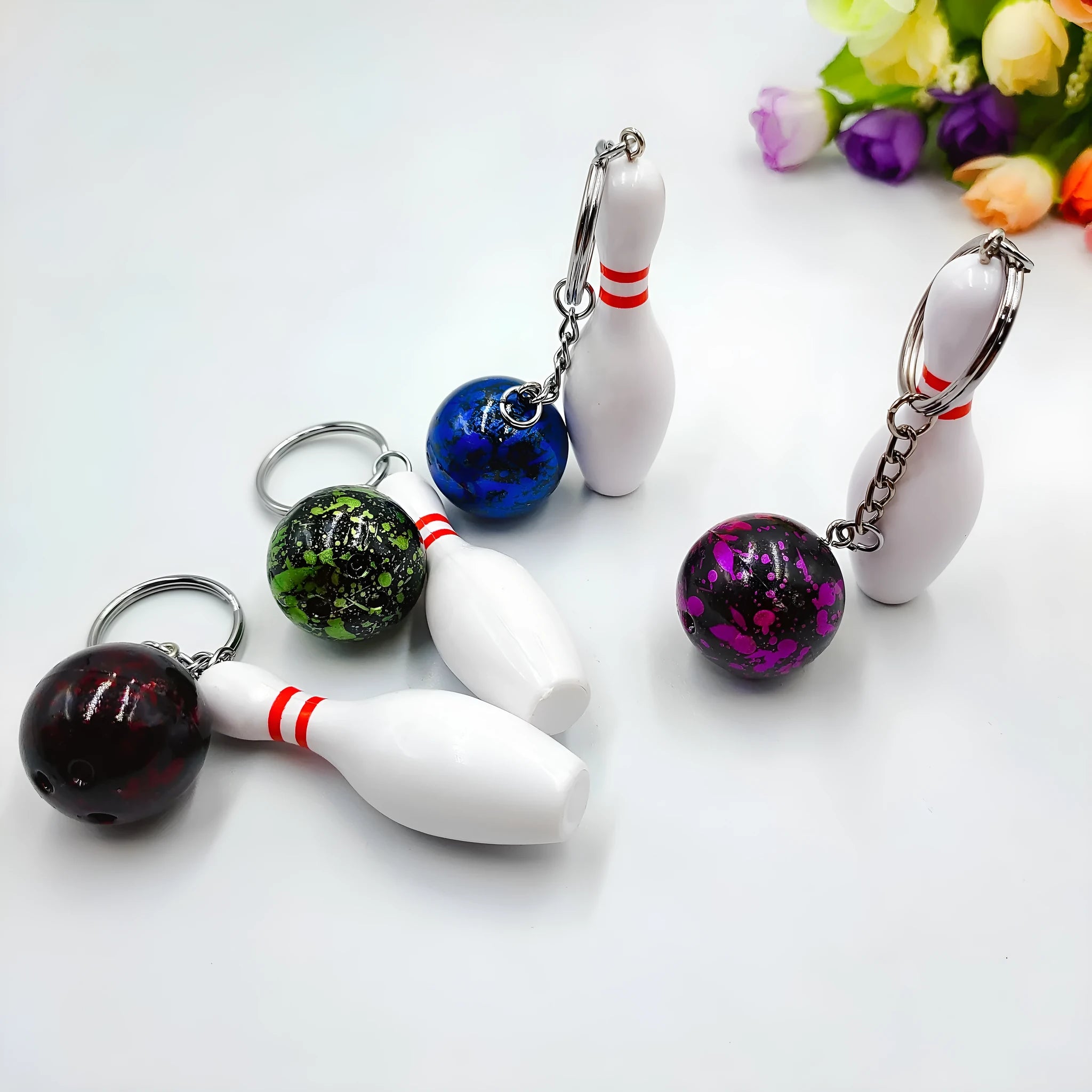 Mini simulation bowling ball keychain pendant in dark red, blue, purple, or green colours