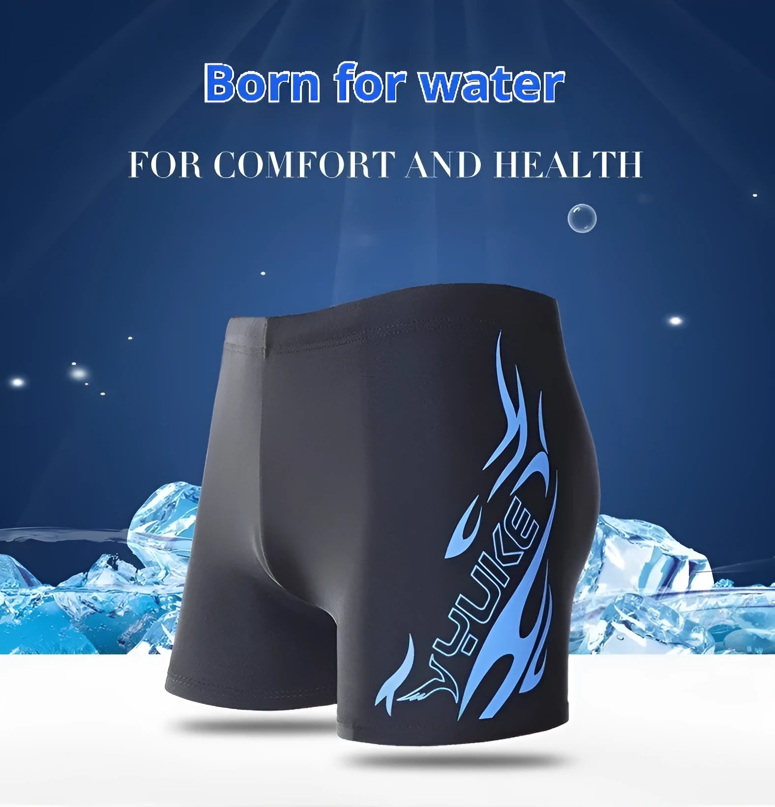 Men's plus size blue fire print swimming trunks and matching swim cap on black background.
