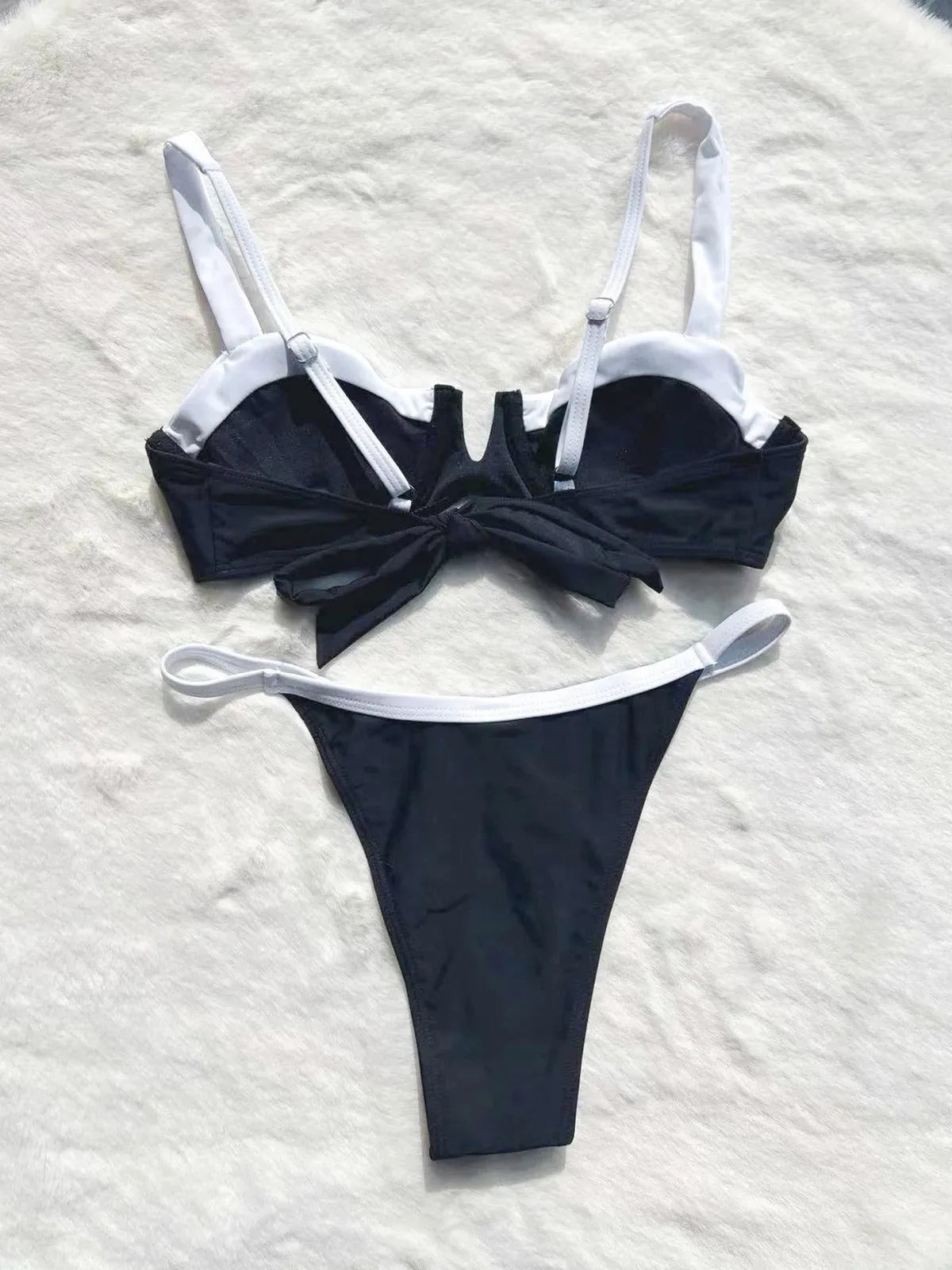 Black low waist bikini set with split stitching and brief style for women swimming