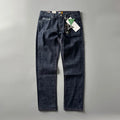 Men's straight leg cotton denim trousers in primary colour showing retro American style