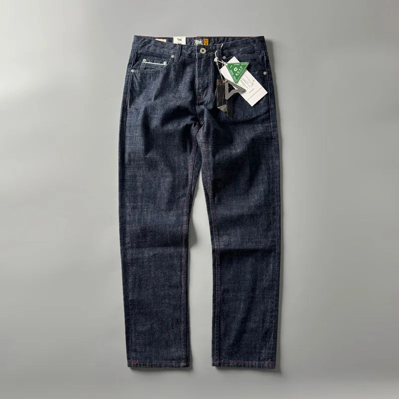 Men's straight leg cotton denim trousers in primary colour showing retro American style