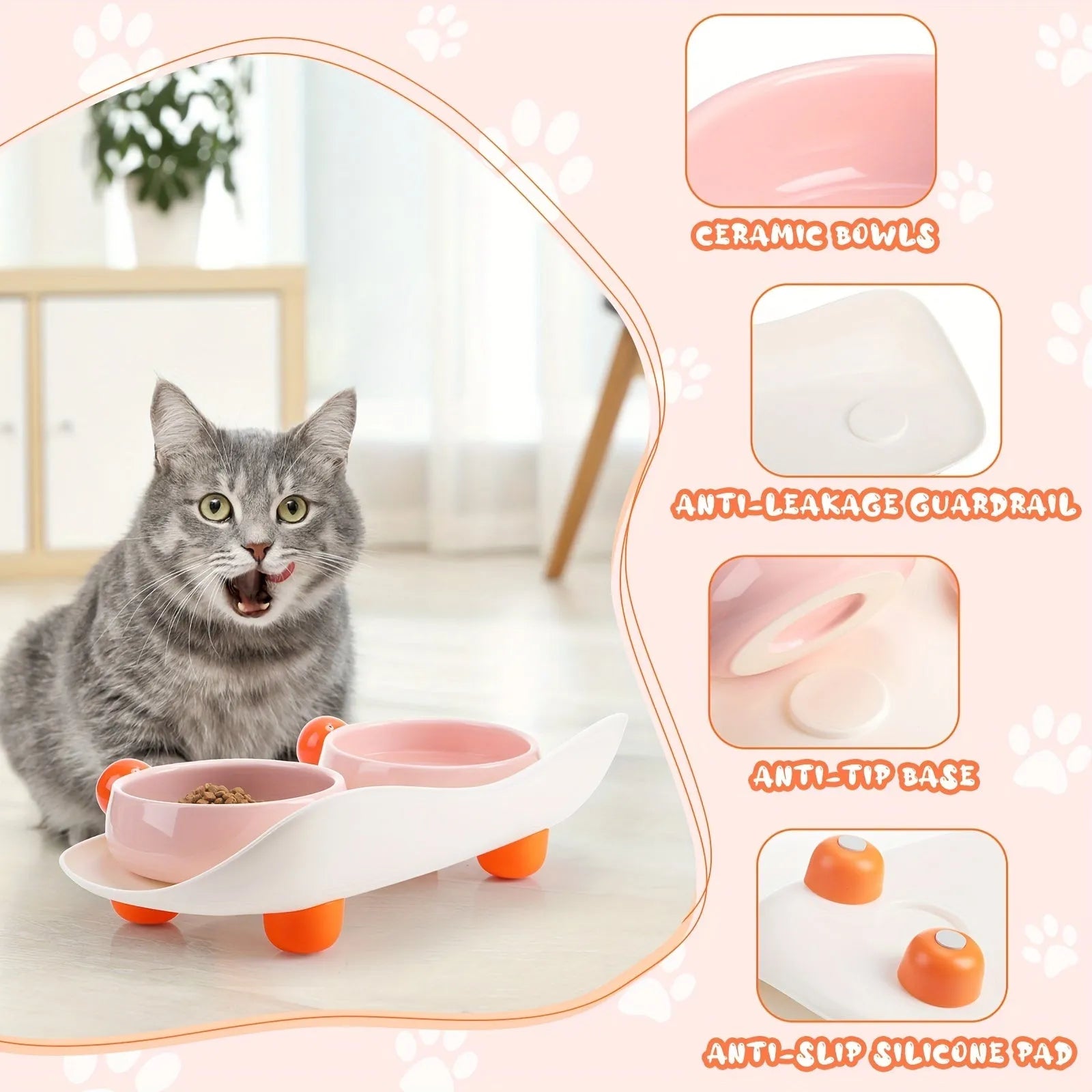 Ceramic elevated pet feeding bowl set with two bowls and non-slip base in pink colour