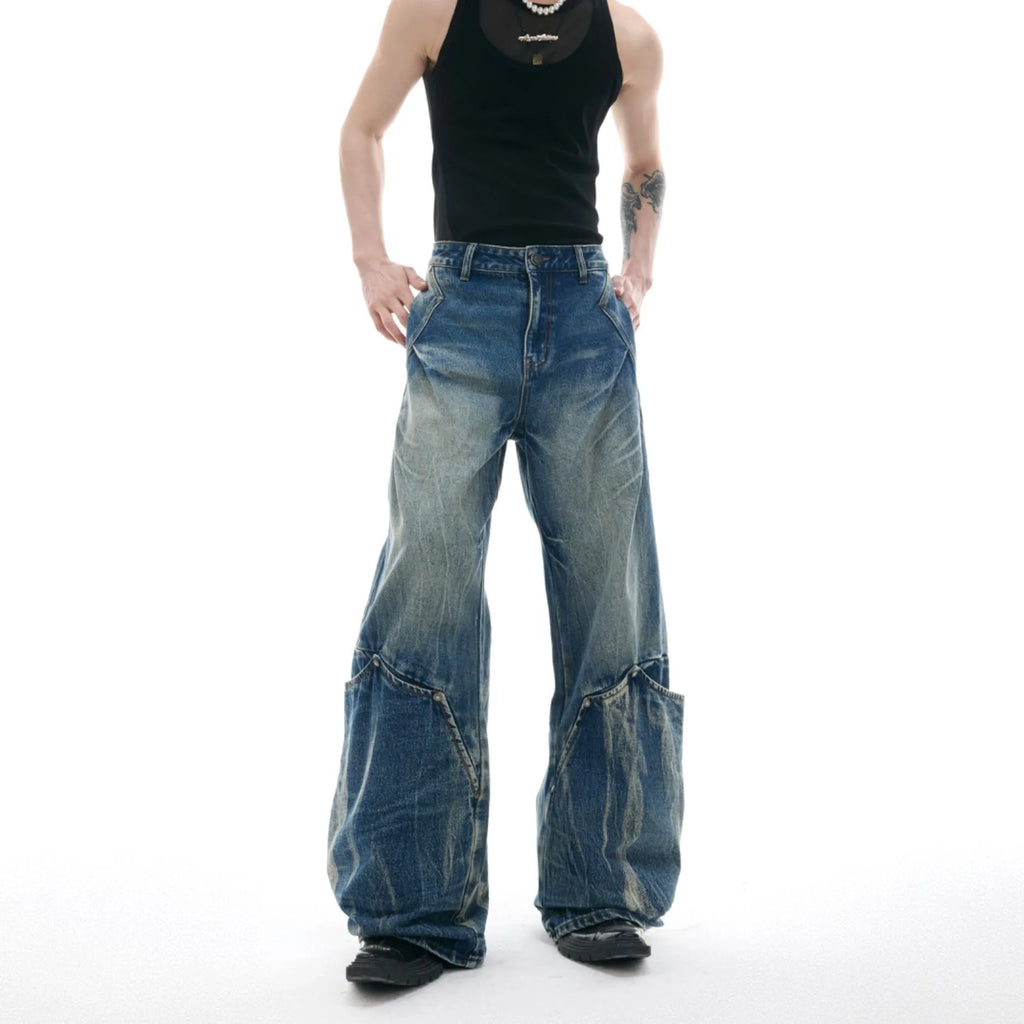 Men's verdant blue retro washed burst pattern curved knife jeans with loose fit