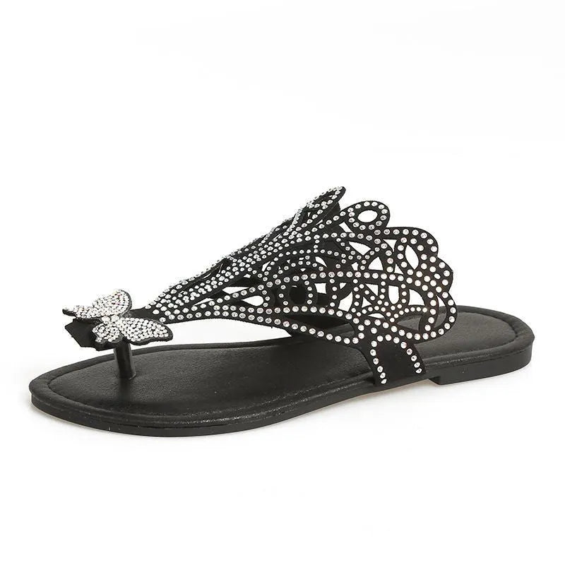 Women's black rhinestone slip-on flip-toe sandals with hollow design and flat rubber sole